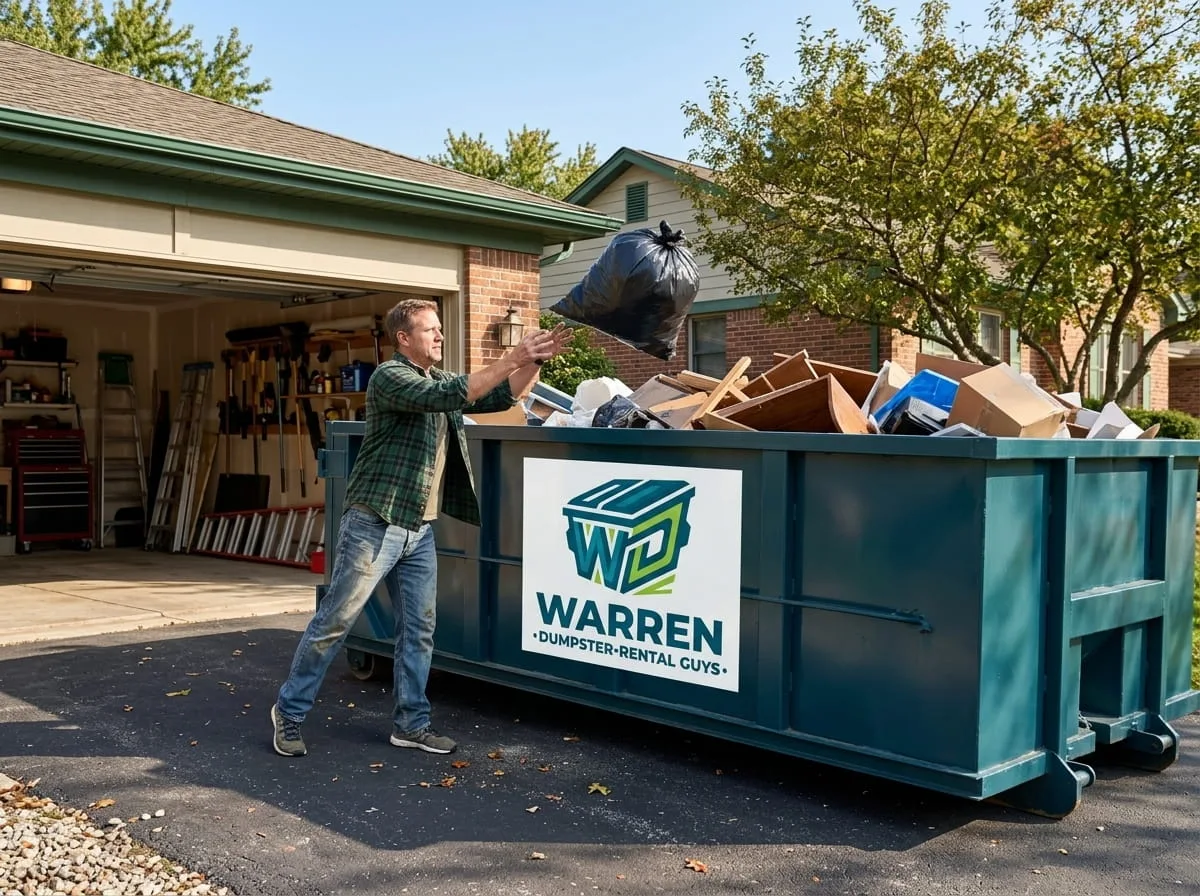 An affordable roll-off dumpster on a residential driveway in Warren, MI