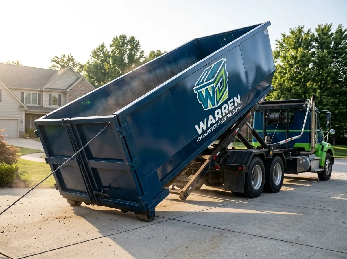 A dumpster loaded with roofing shingles from a tear-off project in Warren, MI