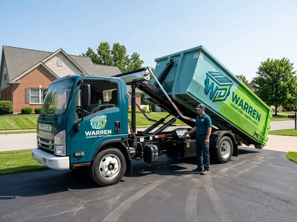 A dumpster staged for a home renovation project on a Warren, MI driveway