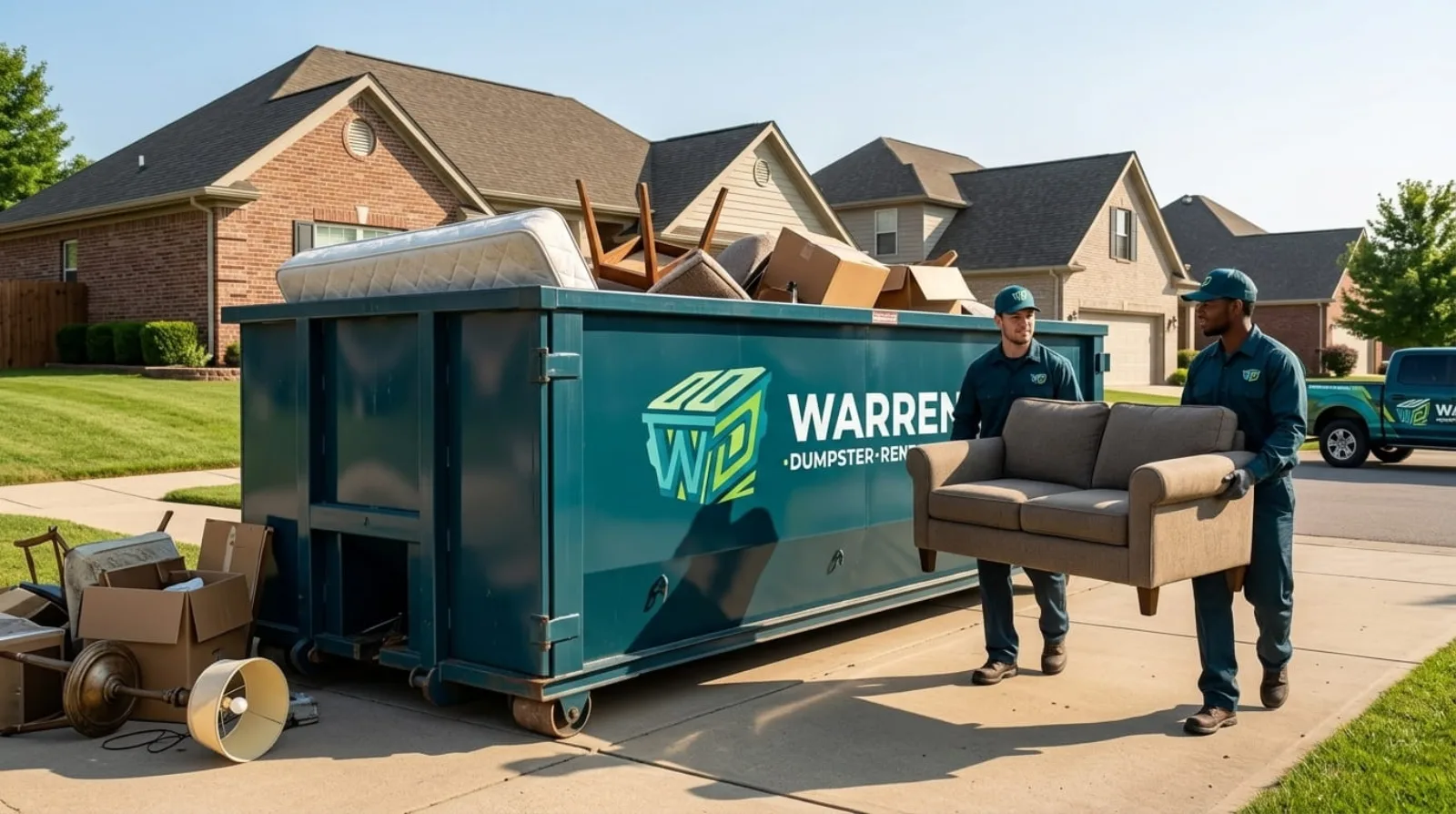 A heavy-duty roll-off dumpster loaded with concrete and heavy debris in Warren, MI