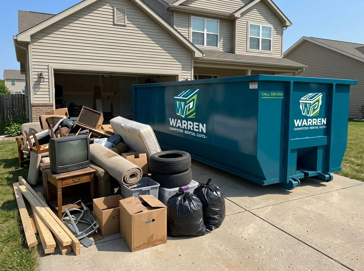 Residential roll-off dumpster on a Warren, MI home driveway